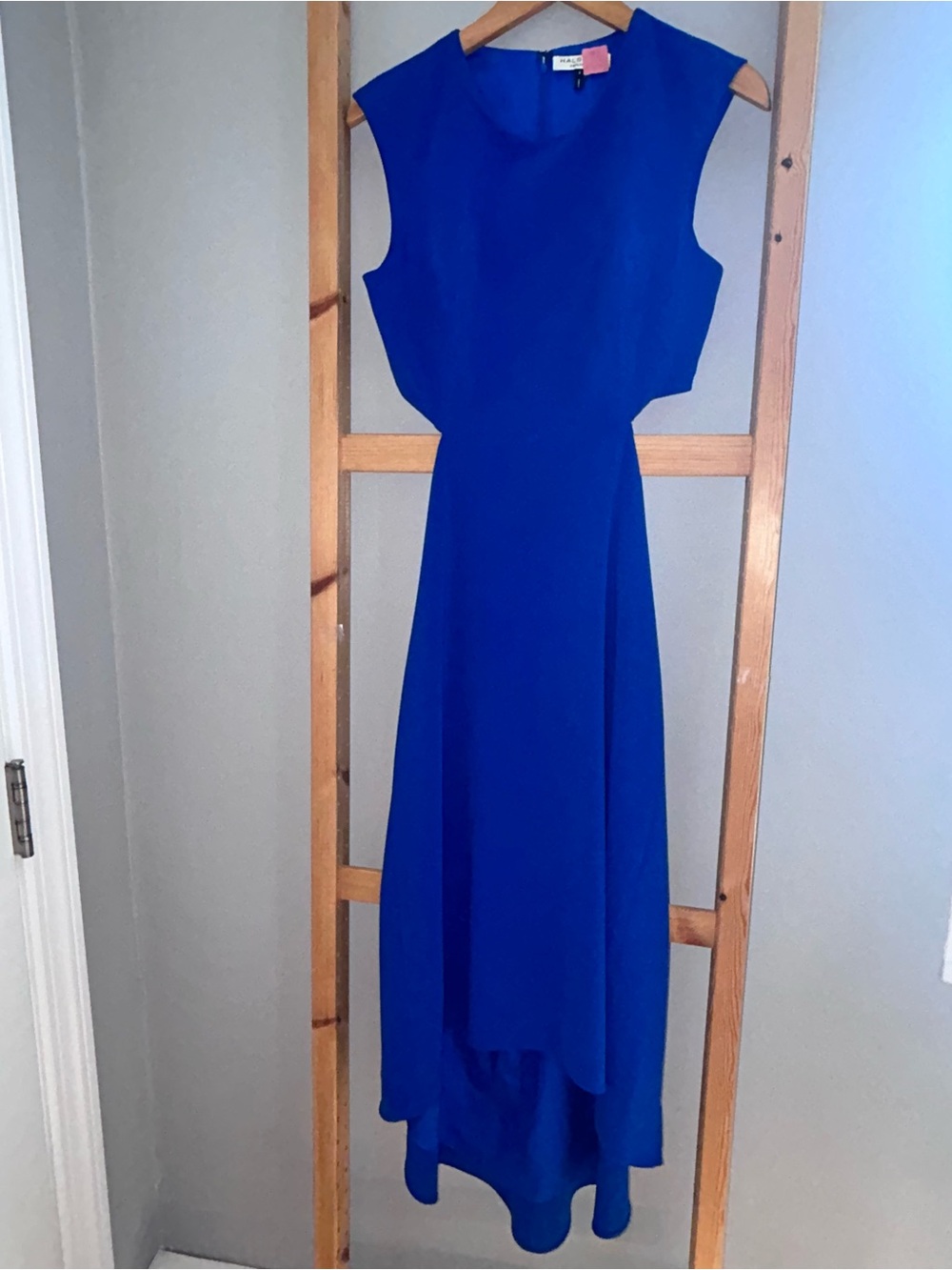 Halston Heritage Cobalt Blue High-Low Sleeveless Maxi Dress w/ Back Cut Out Sz 4